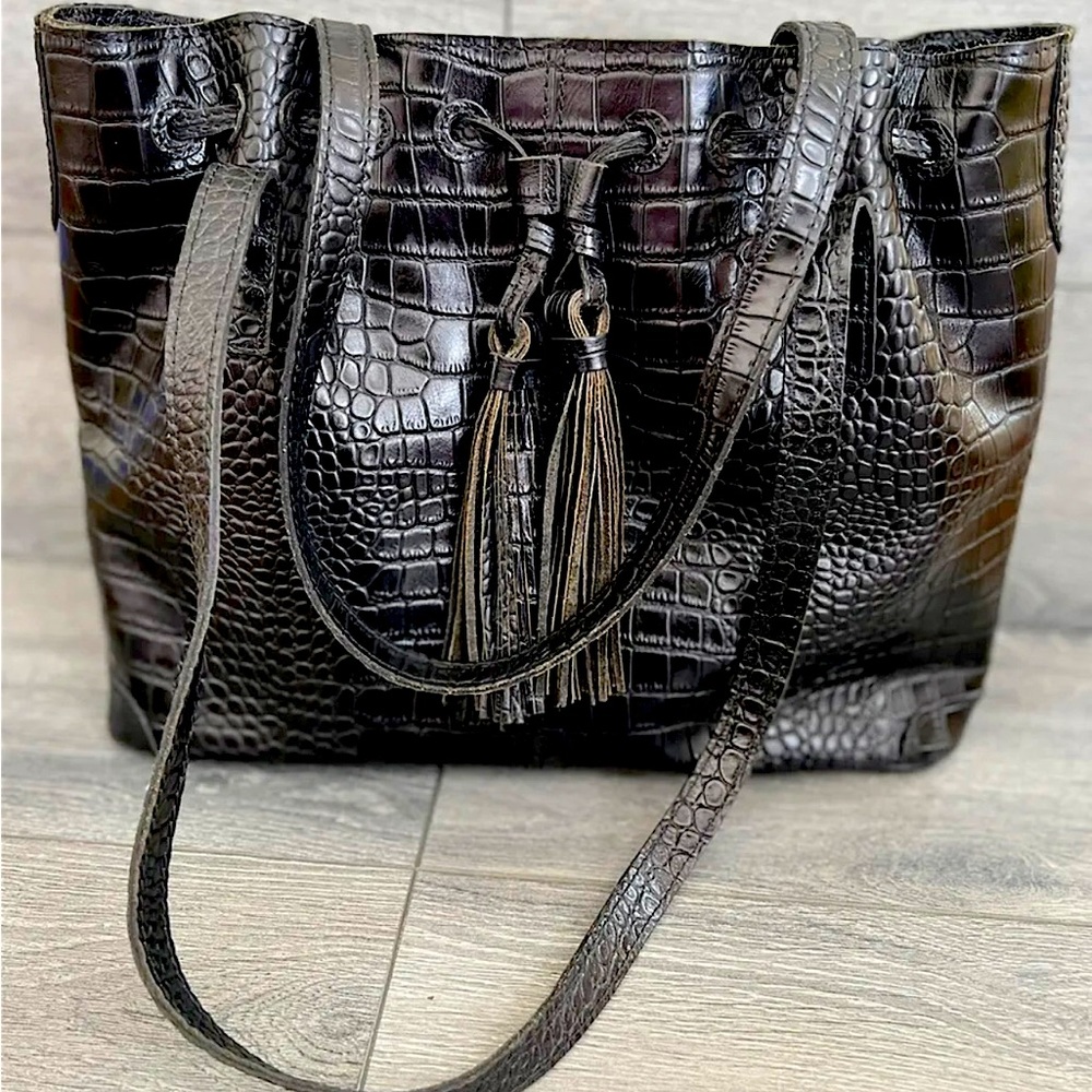 Patricia Nash Black Leather Croc Witney Tote, new without tags